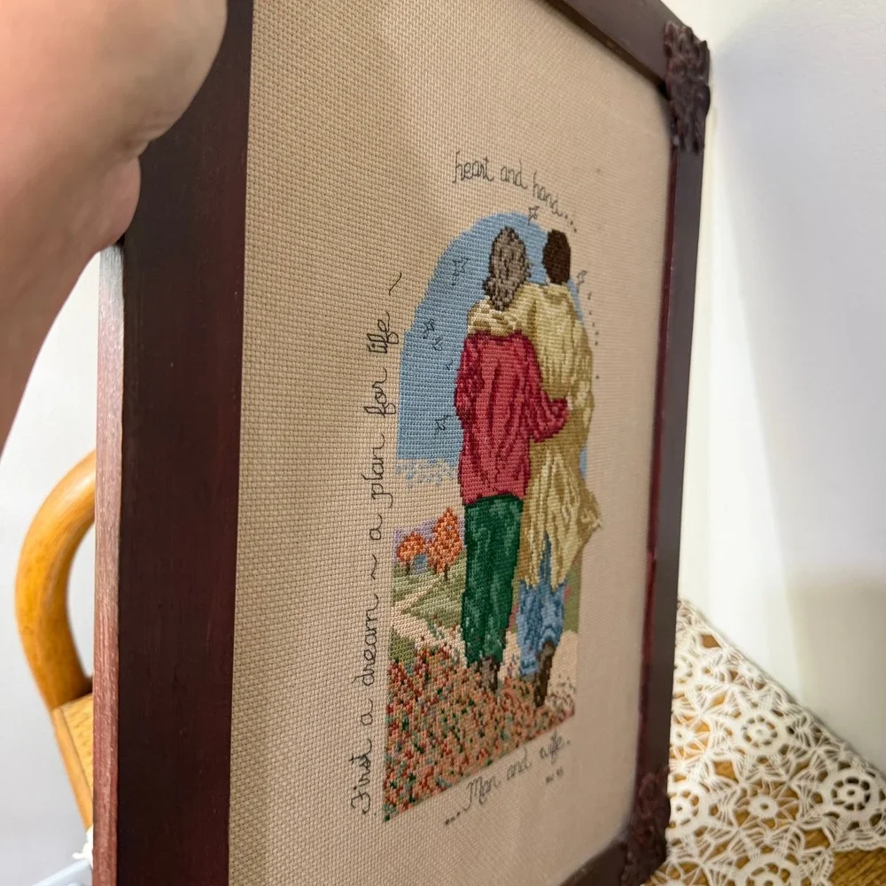 Vintage 1995 Framed Cross Stitch Wedding Sampler Heart & Hand Ornate Frame